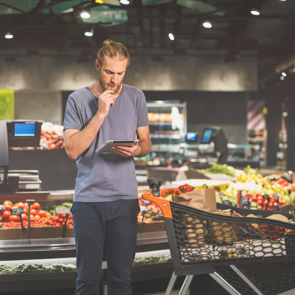 Marktmitarbeiter erstellt Aufgaben am Tablet im Markt