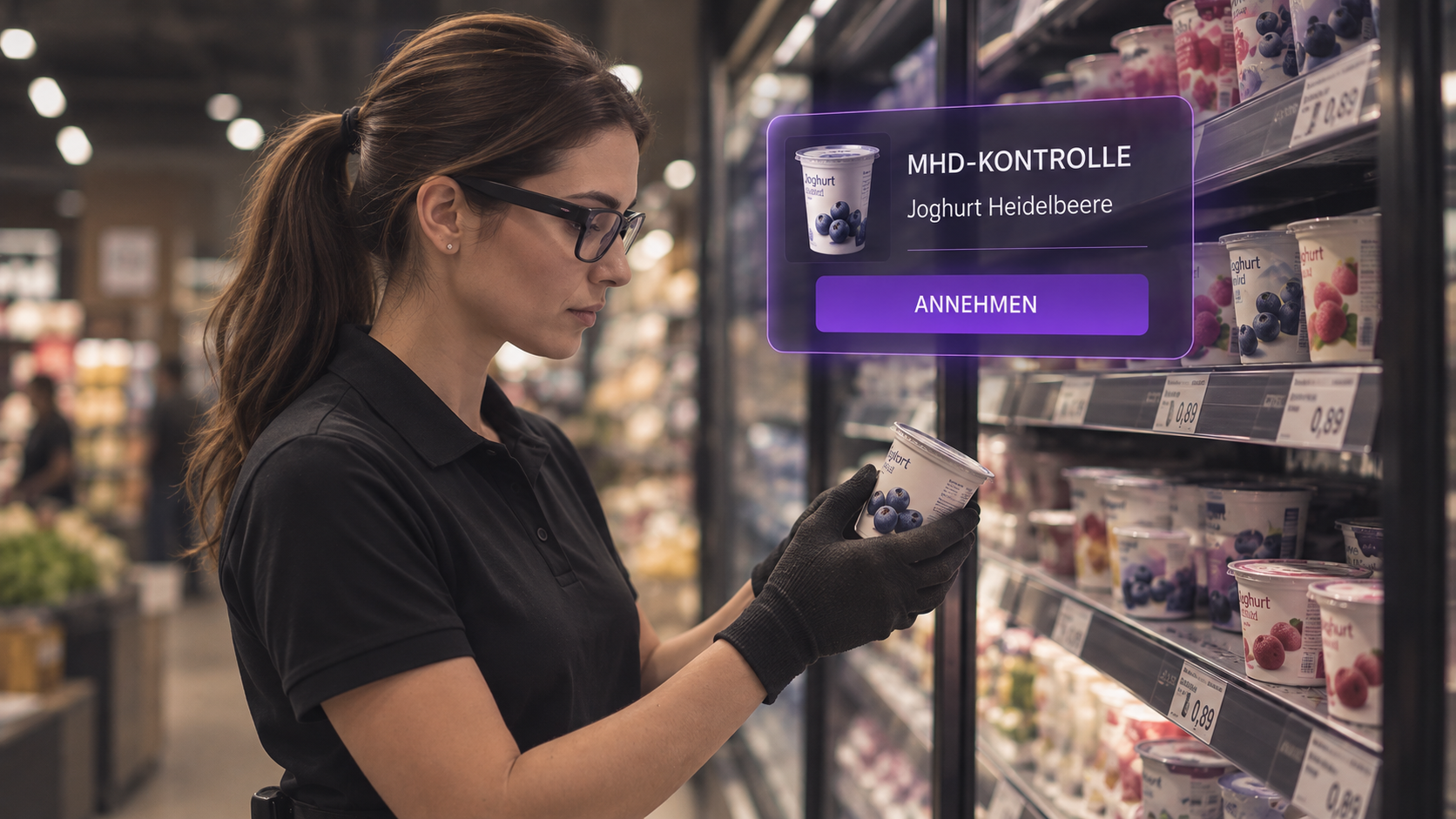Mitarbeiterin prüft Joghurt bei einer MHD-Kontrolle mit eingeblendeter Aufgabe