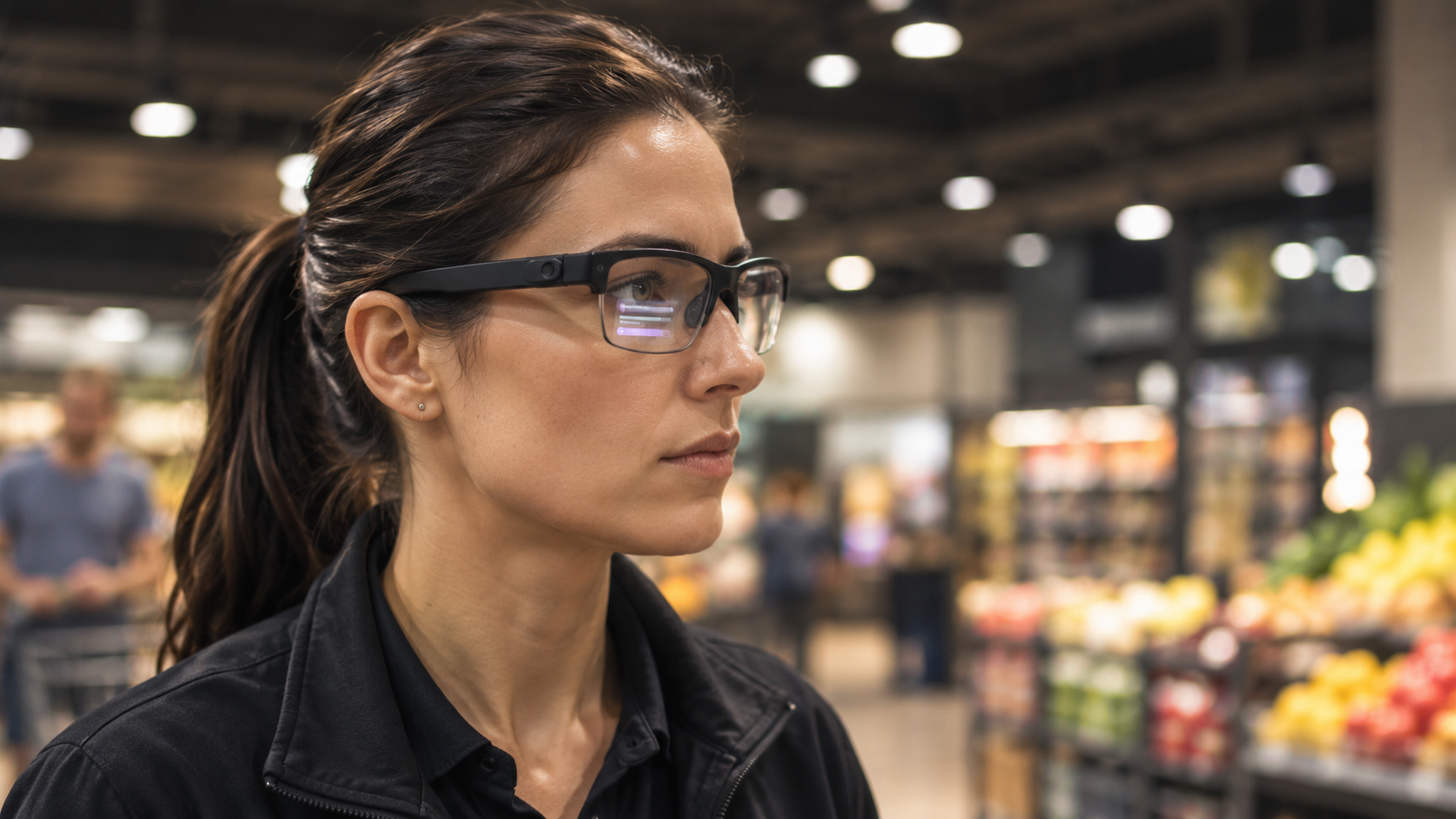 Mitarbeiterin mit Smart Glasses im Supermarkt