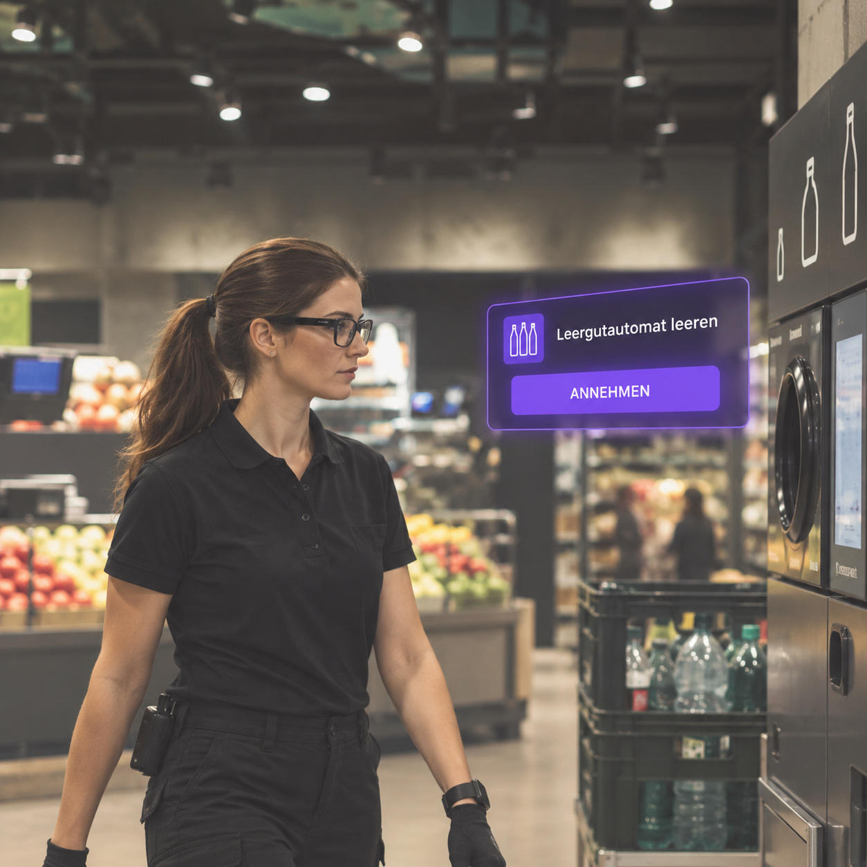 Mitarbeiterin mit Smart Glasses erhält eine Aufgabe am Leergutautomaten