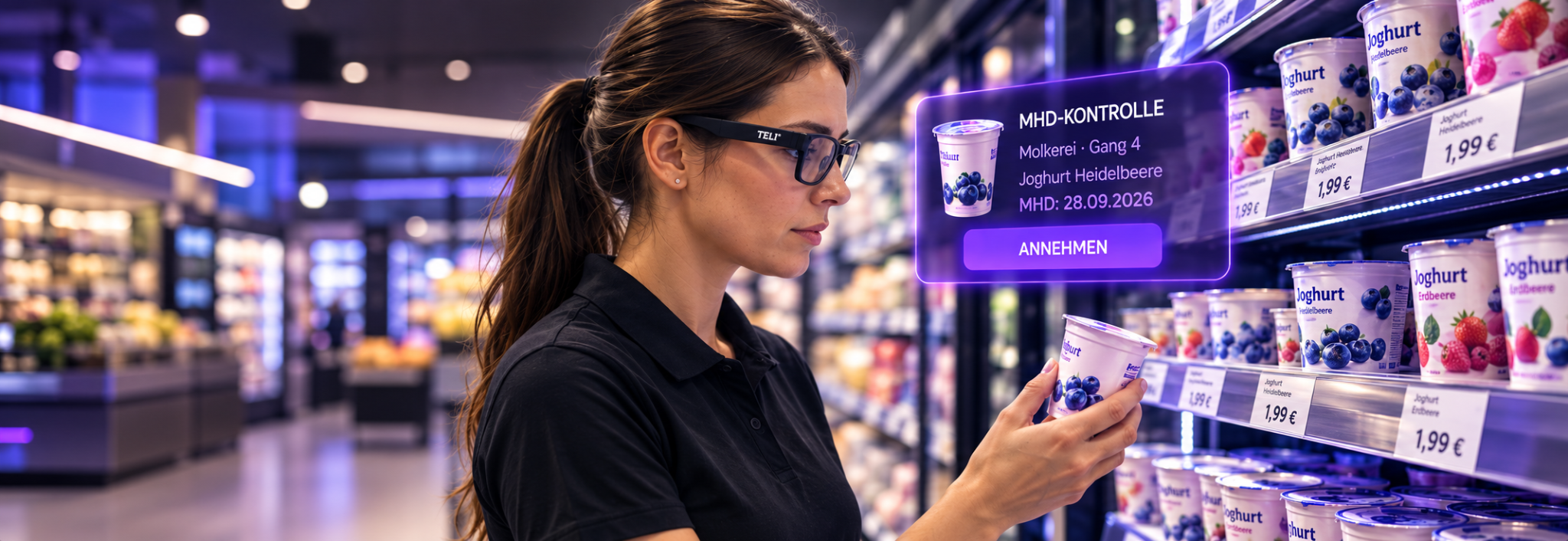 Mitarbeiterin mit Smart Glasses bei der MHD-Kontrolle im Kühlregal